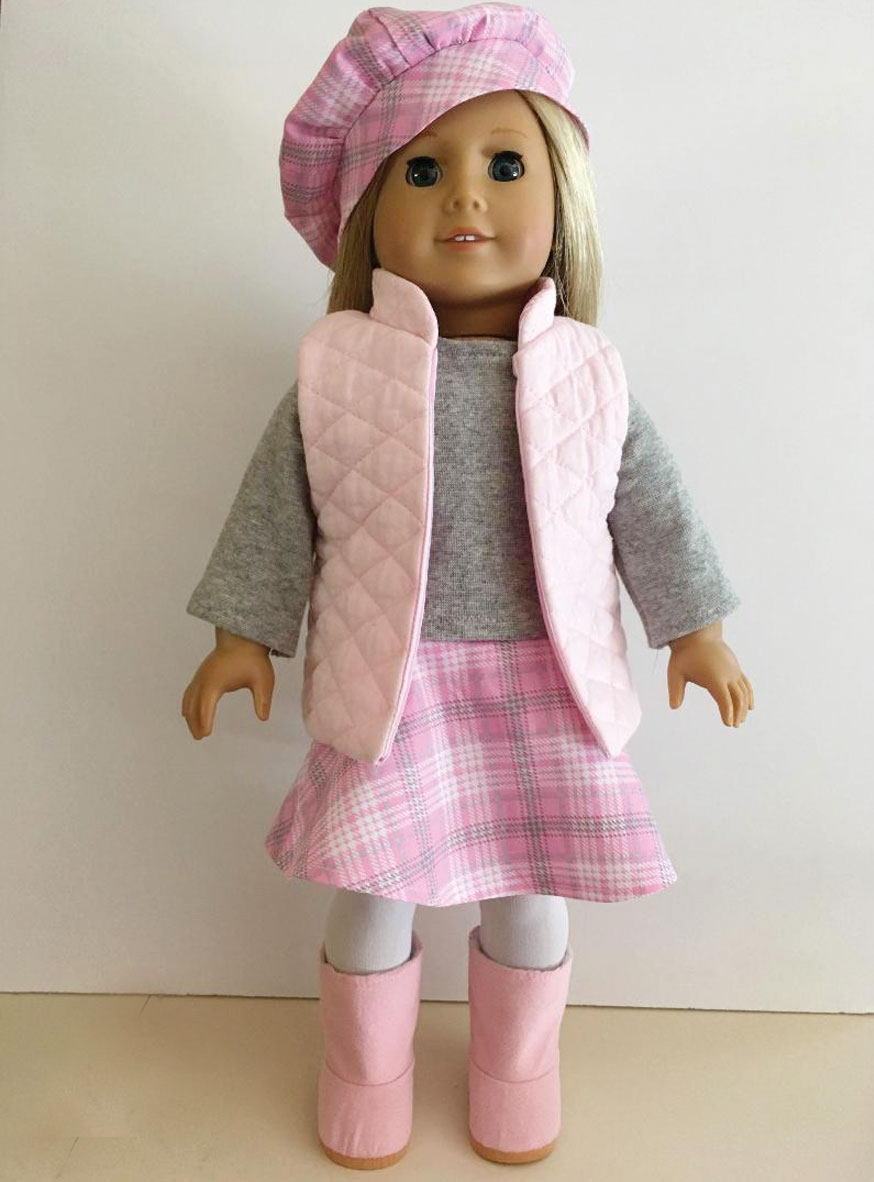 Pink quilted vest, plaid skirt with matching beret, top and pink suede ...
