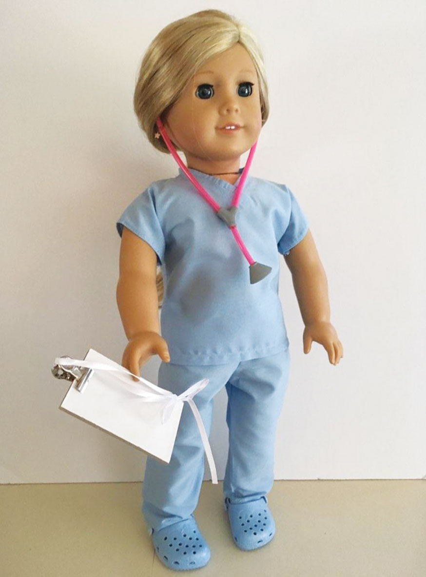 Doctor/Nurse Scrub Set with matching 'Crocs', stethoscope and clip board |  Dolly Dress Up Boutique